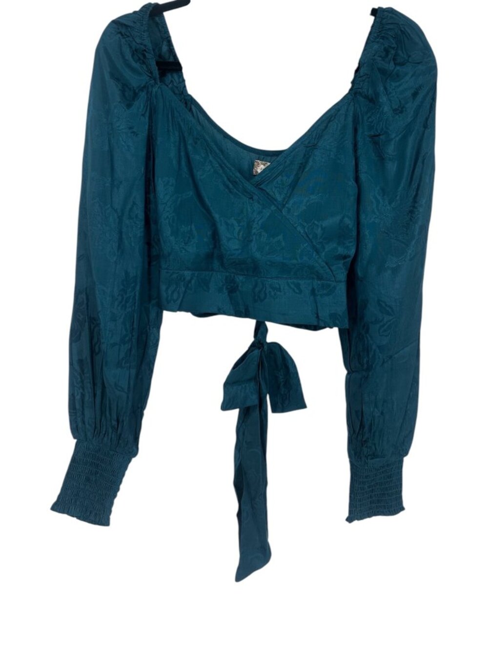 Band of the Free Top Small Teal Silk Jacquard Puff Sleeve Tie Front Crop Boho